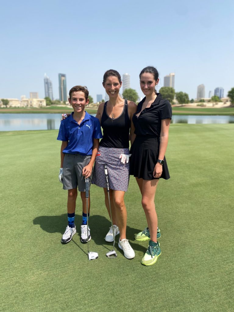 Oscar Nami with his Mum, Claire and Sister, Ella at The Els Club Dubai