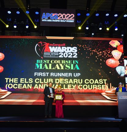 Sean Kinsley, Group Director of Agronomy collecting First Runner-Up for “Best Course in Malaysia” Award for Ocean Course and Valley at the Asian Golf Awards