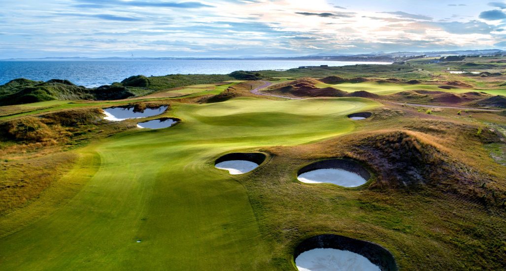 Aerial view of hole 4 at Dumbarnie Links in Scotland