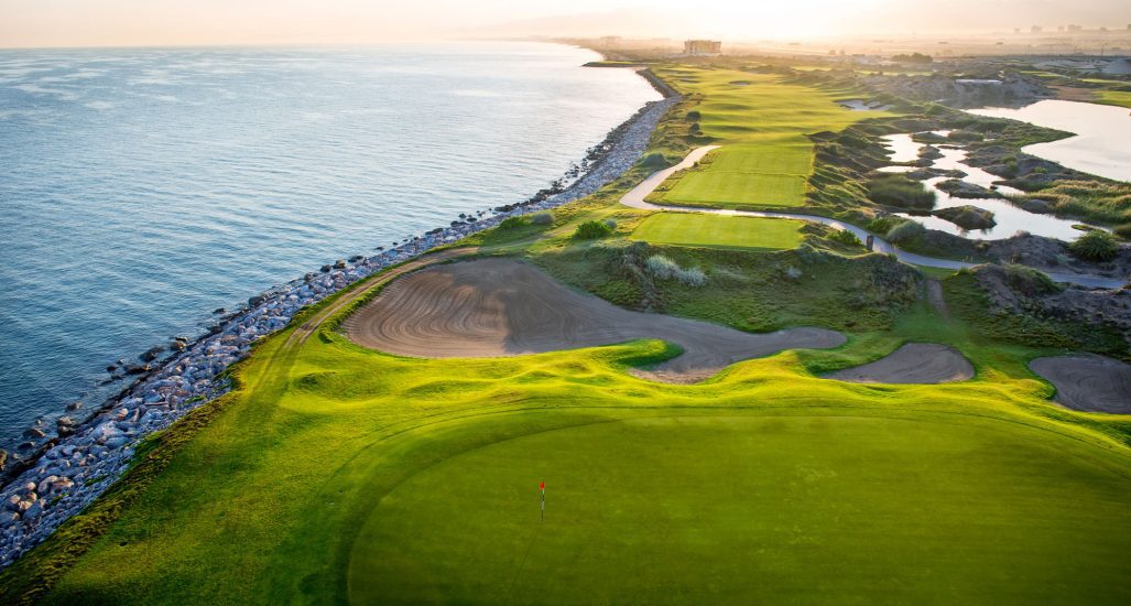 Aerial view of the golf course at Al Mouj Golf in Oman