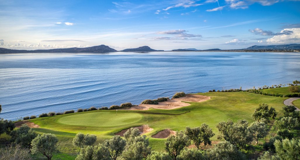 an aerial view over The Bay Course at Costa Navarino