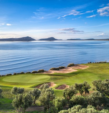 an aerial view over The Bay Course at Costa Navarino