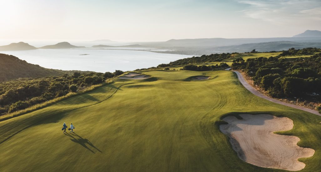 A golfer on the green at The International Olympic Academy Course at Costa Navarino in Greece