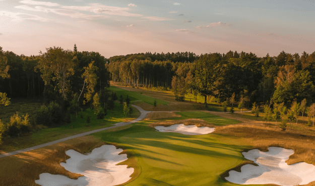 An aerial view of the golf course at PGA National Czech Republic at Oaks Prague shot by Kevin Murray